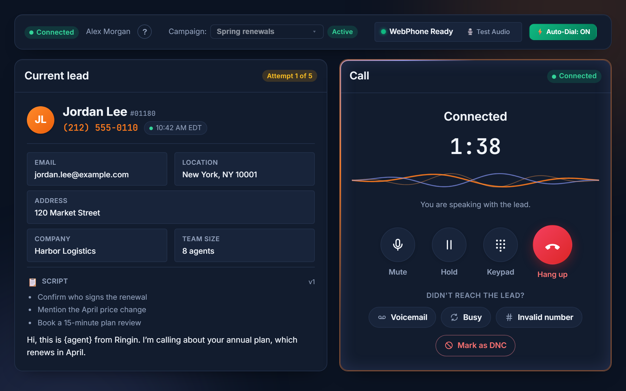 Dialer during a live call, with the lead’s details and the campaign’s talking points beside the call timer and controls