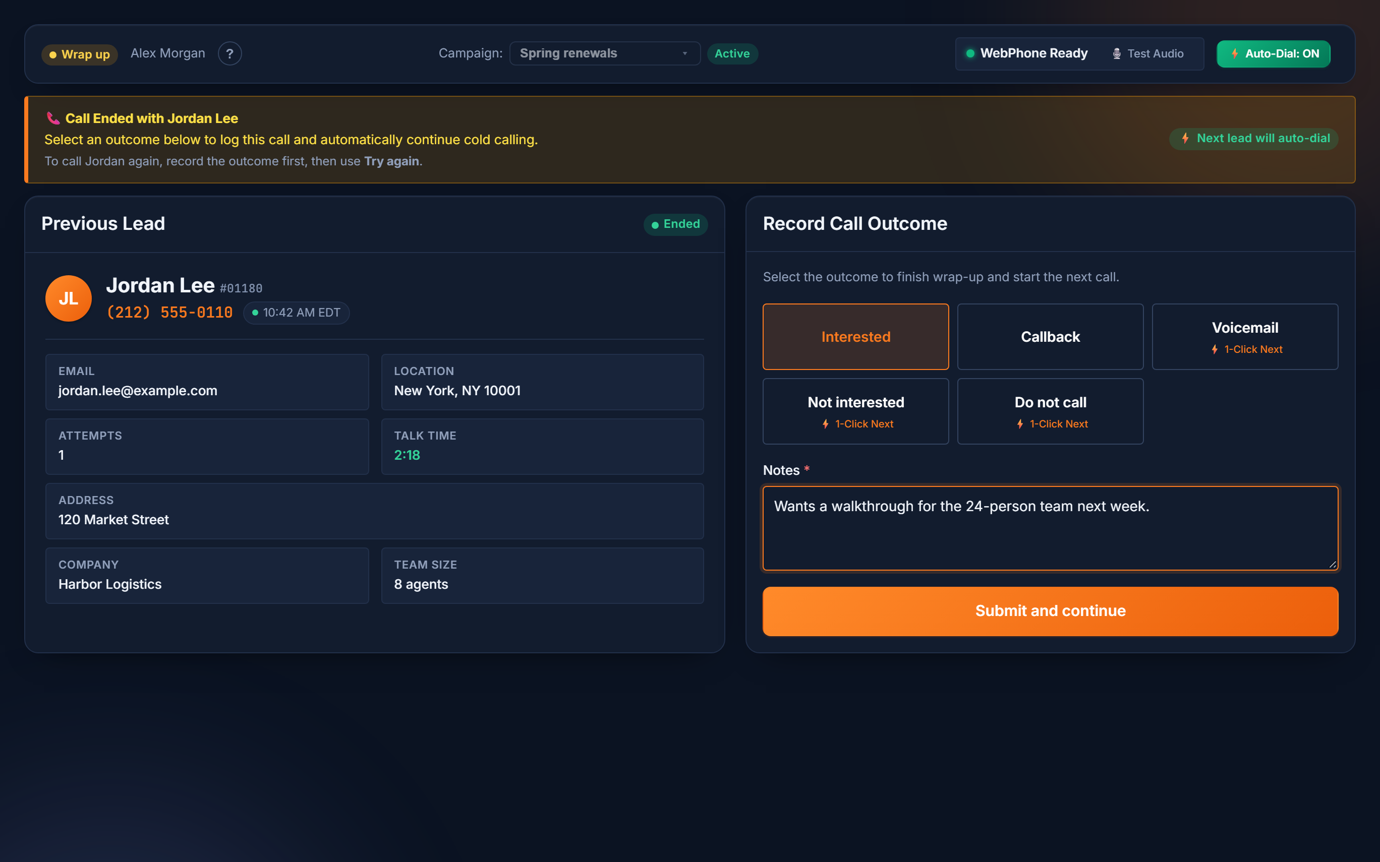 Wrap-up screen with outcome buttons, Interested selected, and a notes field above Submit and continue
