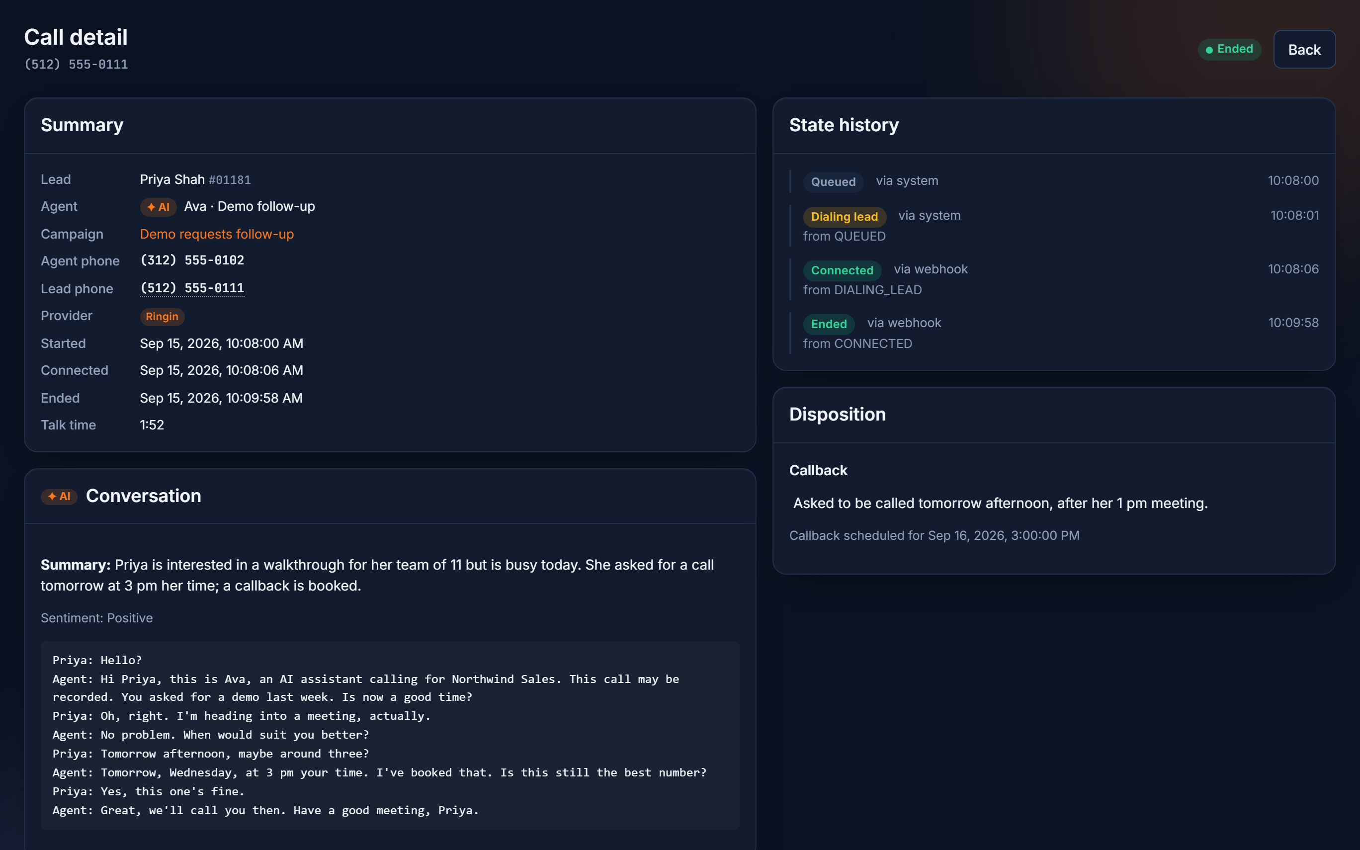 Call detail for an AI call: the AI agent, the Callback outcome scheduled for the next afternoon, and an AI summary of the conversation